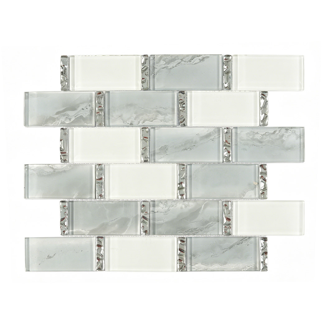 Front view of gray and white glass subway mosaic in staggered brick layout