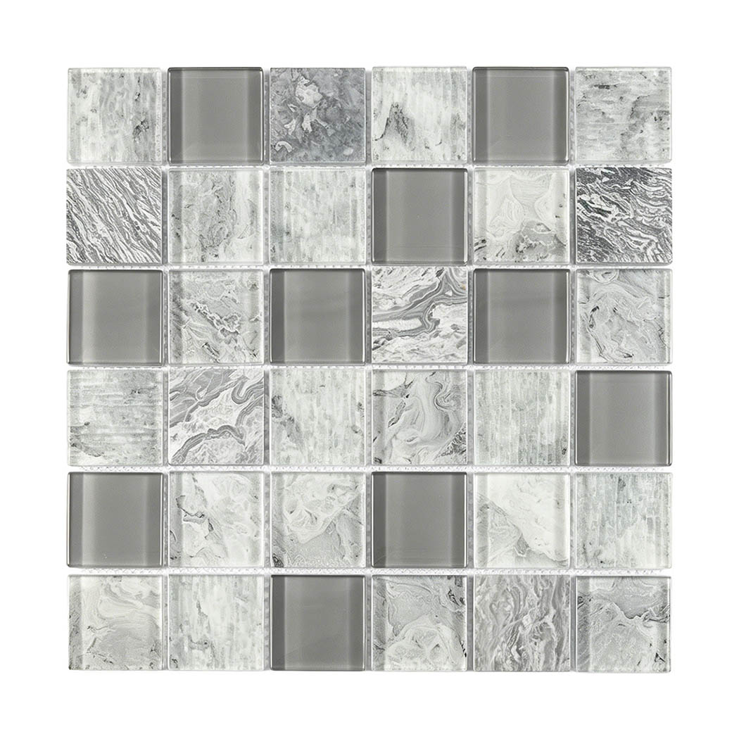 Gray and white square glass mosaic with glossy and frosted textured chips