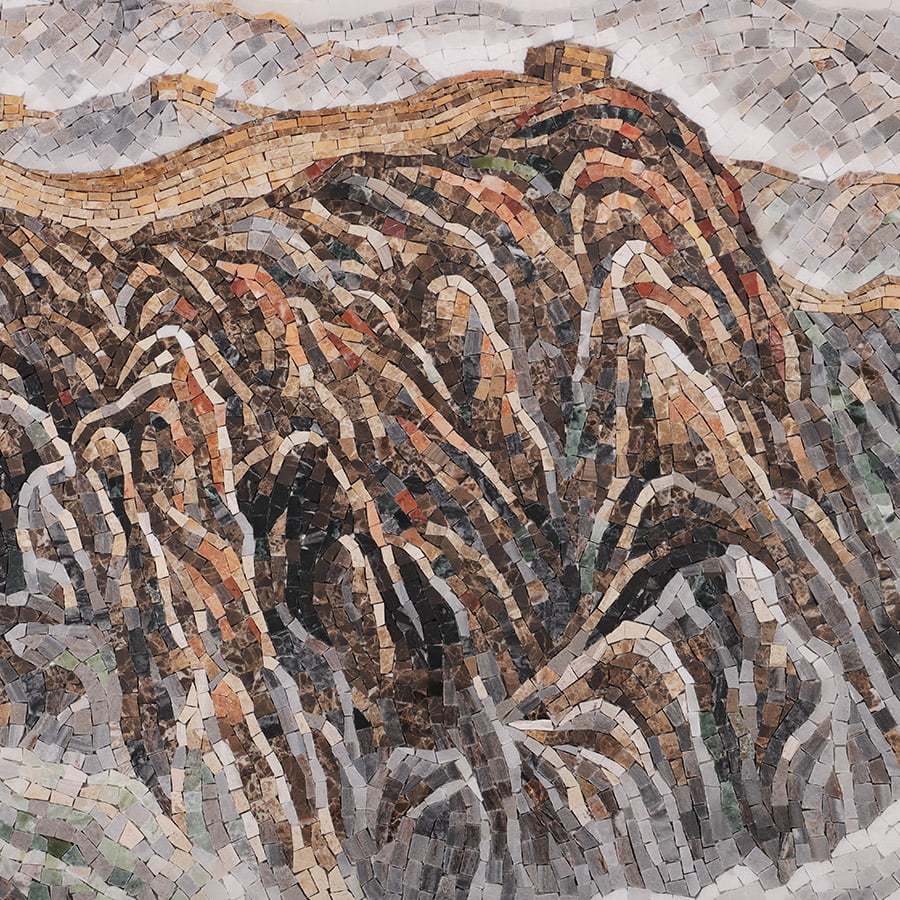 Mosaic tile depiction of rugged mountain patterns with earth-tone tesserae and white highlights