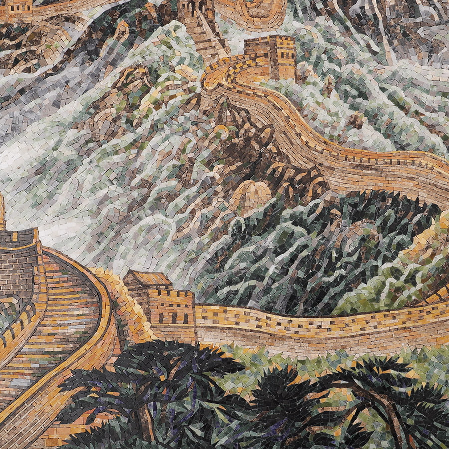 Close-up highlighting misty mountain textures and fortress towers rendered in mosaic tiles.
