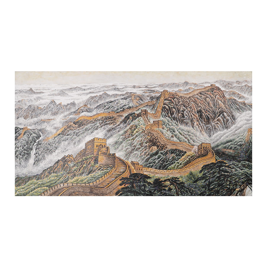 Great Wall mosaic mural on a neutral background showcasing intricate brickwork and mountain scenery