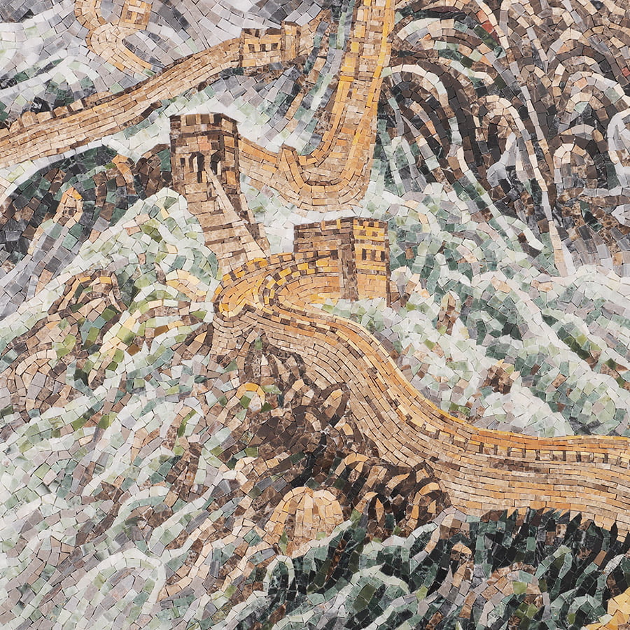 Detail of watchtower and adjacent wall section in a Great Wall mosaic tile artwork.