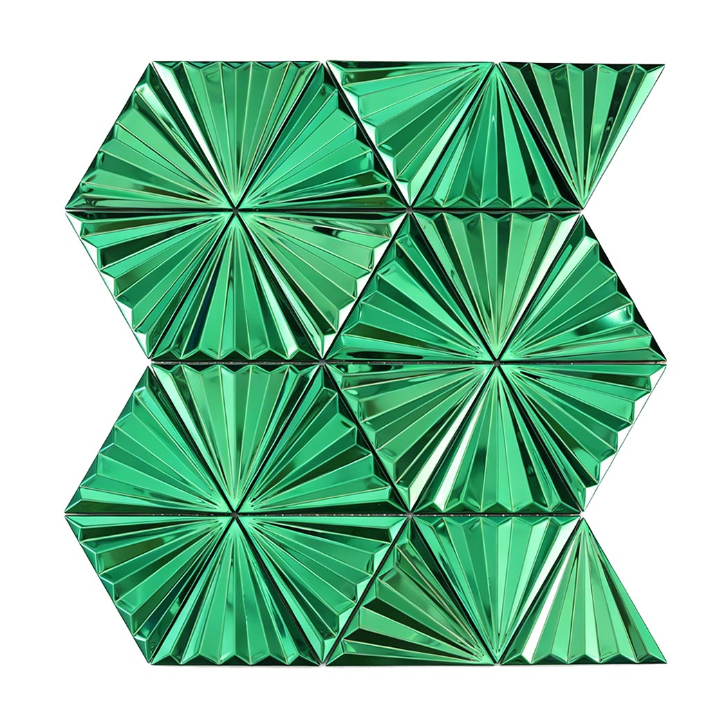 Front view of green 3D fan triangle metal mosaic tile sheet