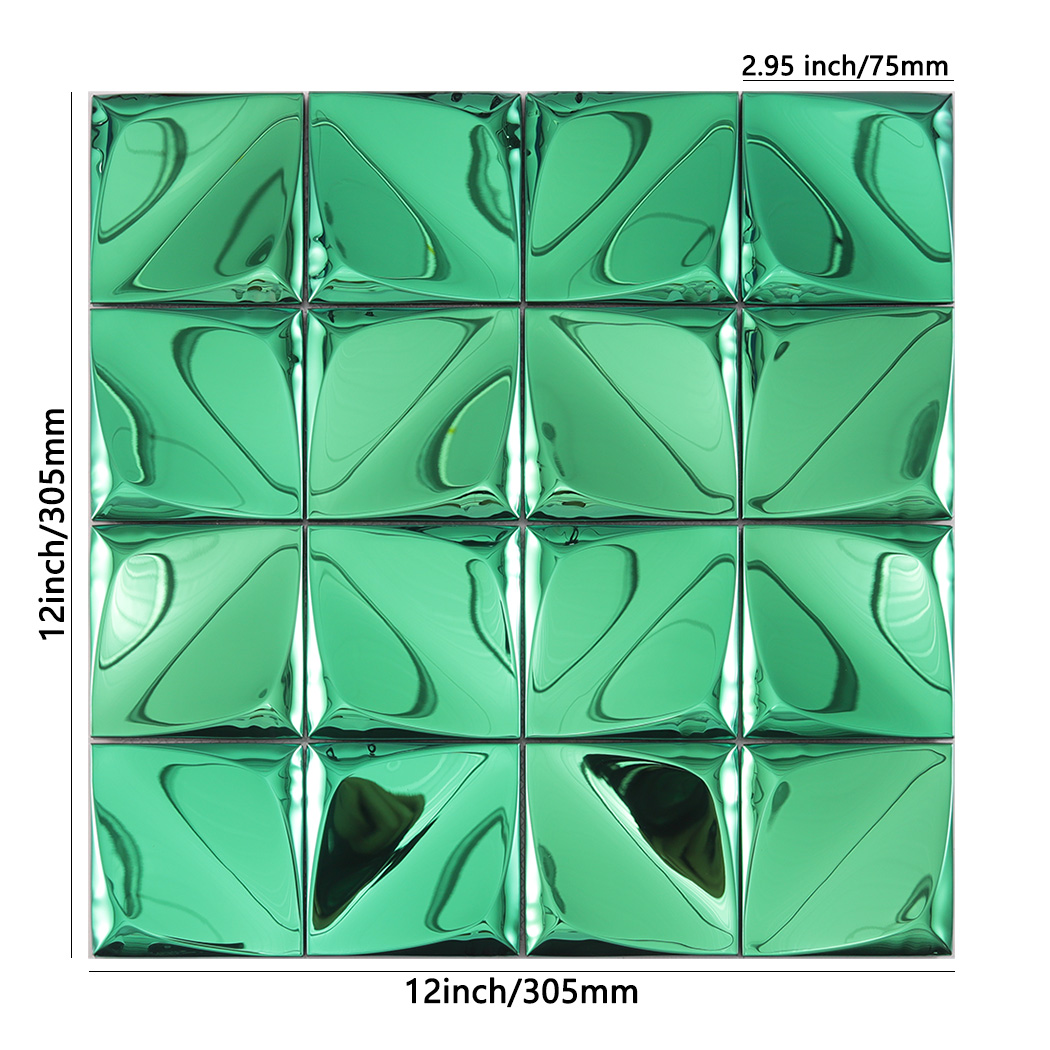 Green 3D metal wall tile with dimensions showing 12 inch total width and 2.95 inch small squares.