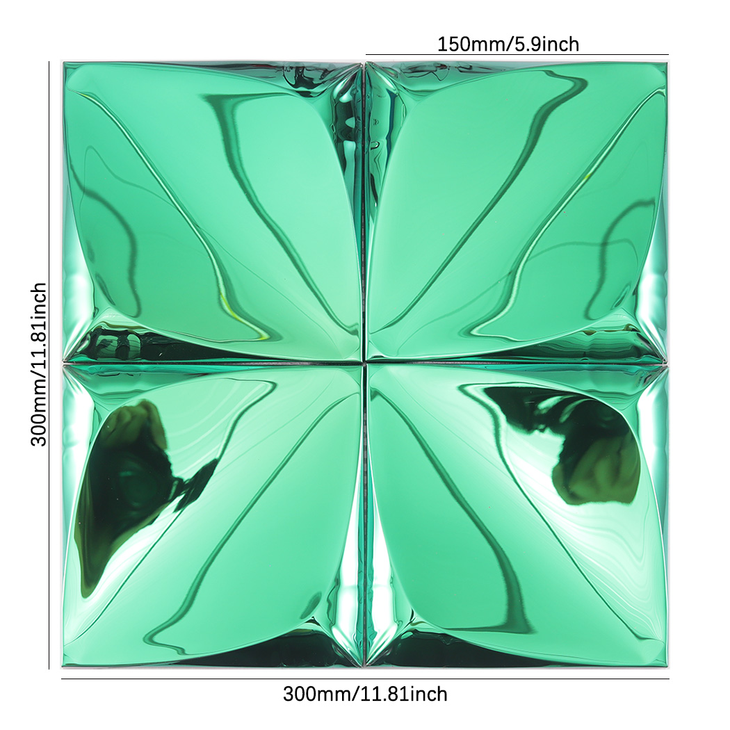 2x2 grid of green 3D reflective wall tiles showing measurement labels.