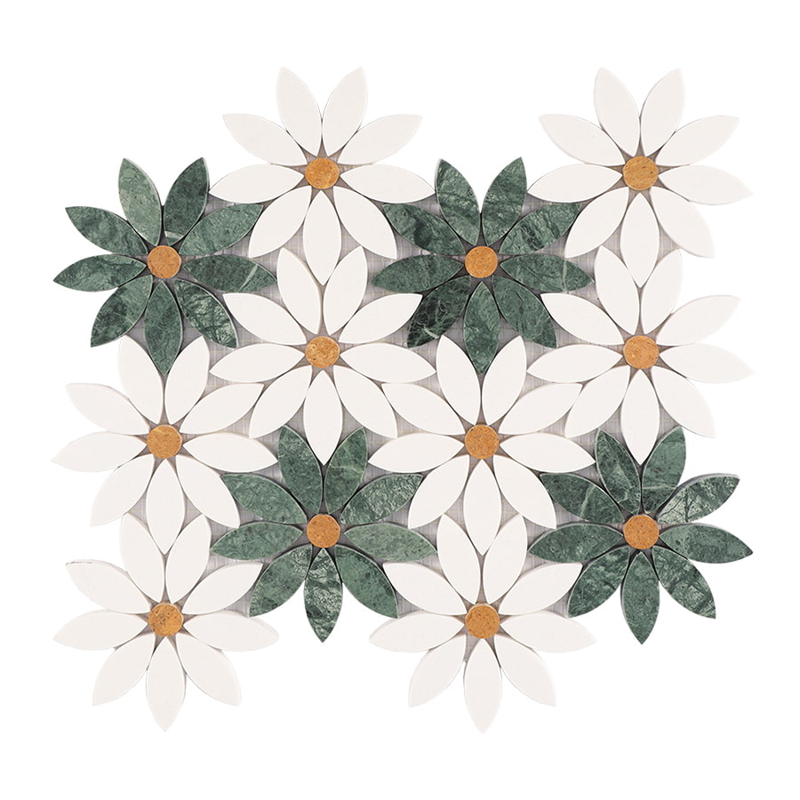 Front view of green and white flower marble mosaic tile sheet.
