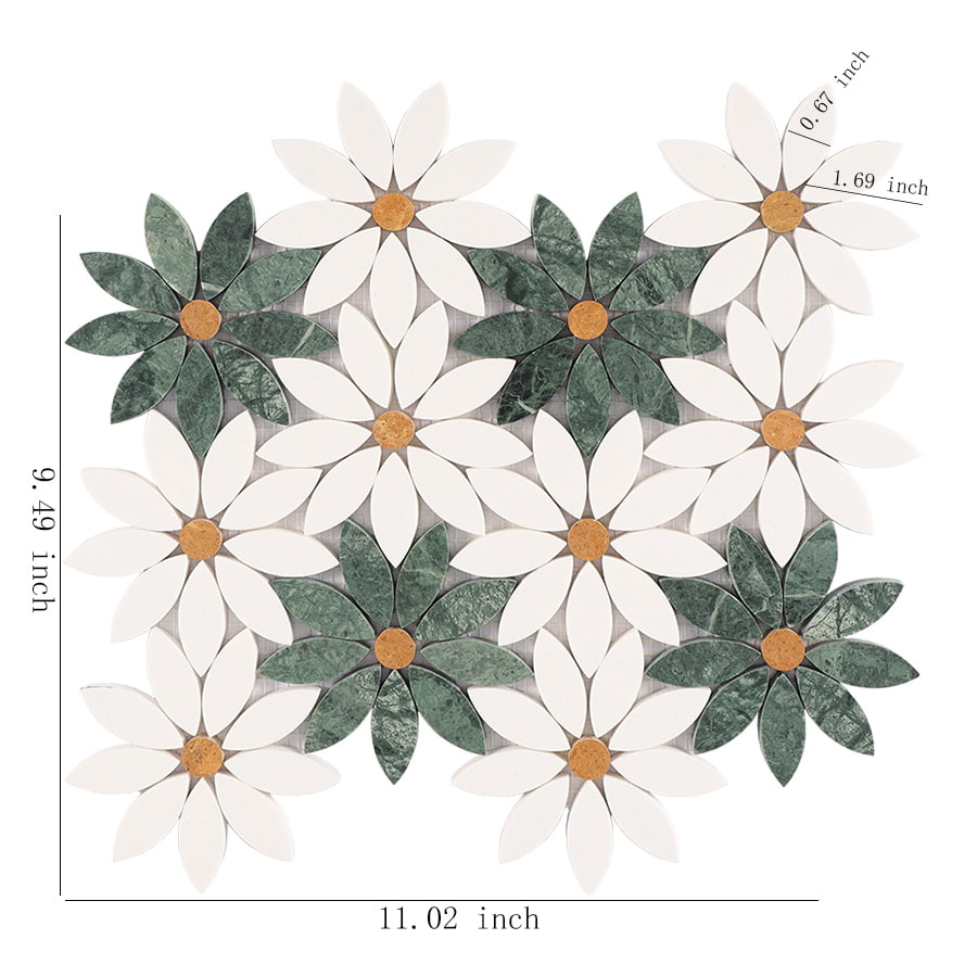 Green and white flower marble mosaic tile with size measurements shown.