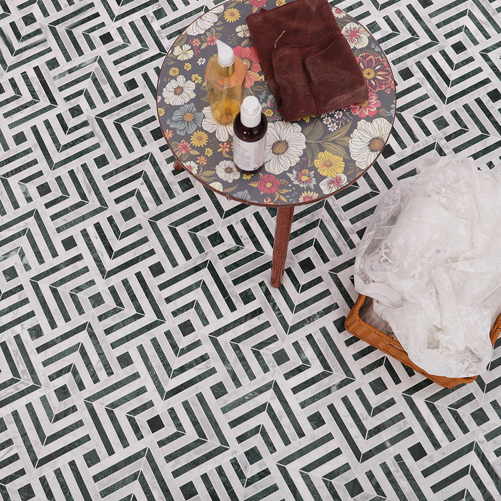 Carrara White and Verde Green Geometric Marble