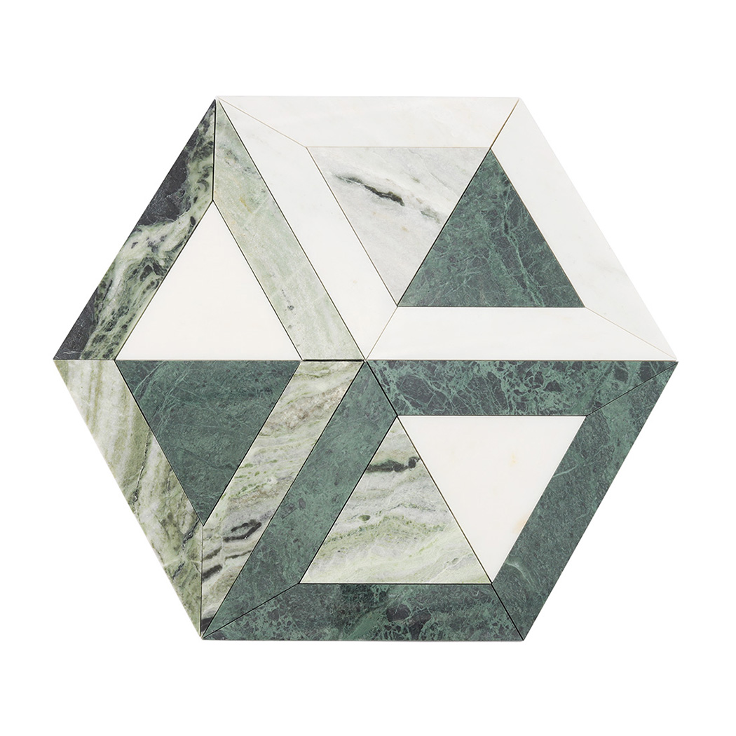 Green and white hexagon geometric marble mosaic tile full design view