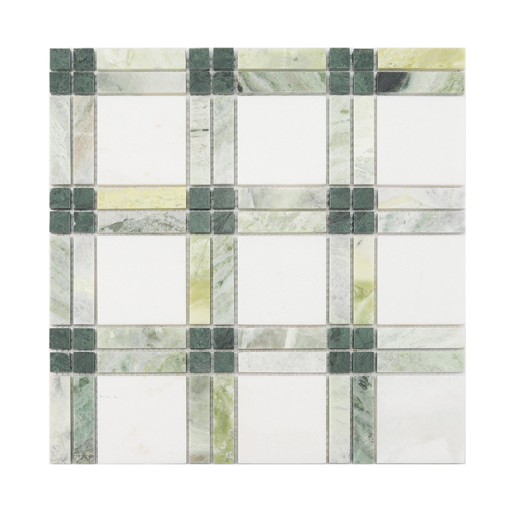 Full sheet view of green and white plaid marble mosaic tile
