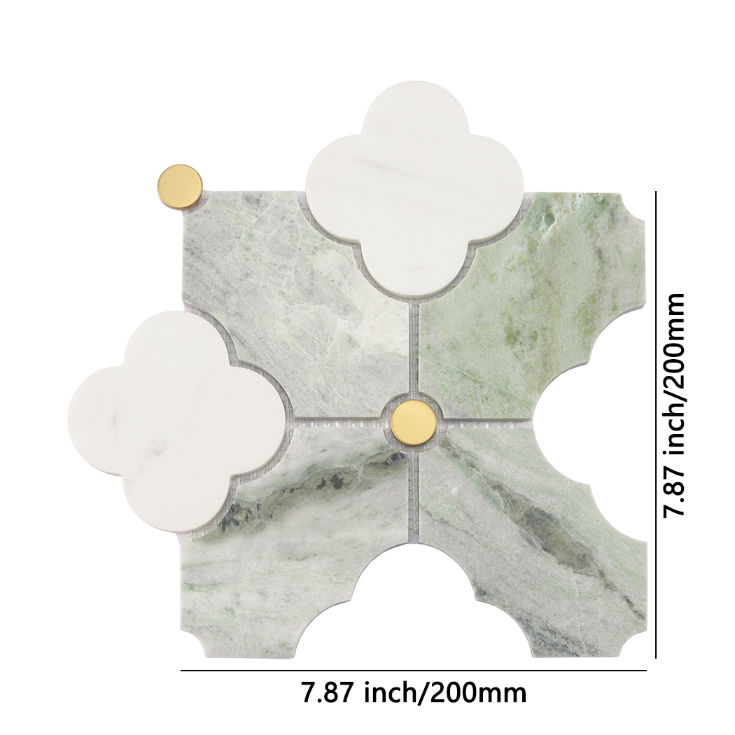 Green arabesque marble mosaic tile with gold round accents and size guide