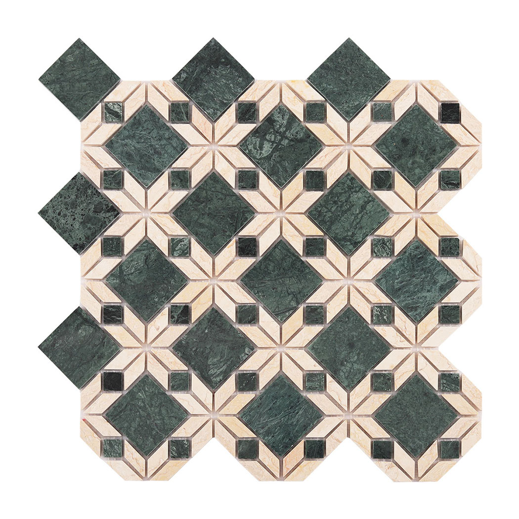 Full sheet of green and beige geometric marble mosaic tile