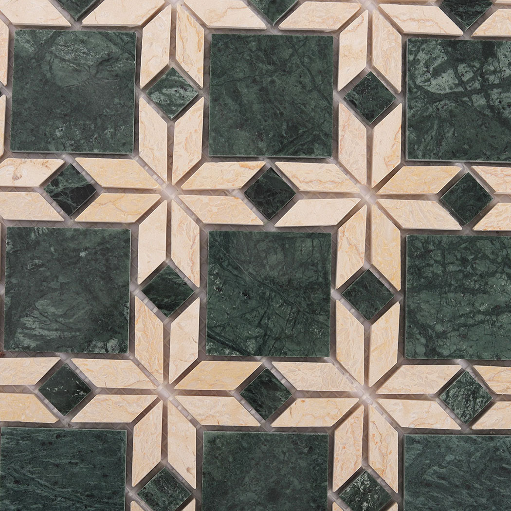 Detailed view of green and beige geometric marble mosaic tile pattern