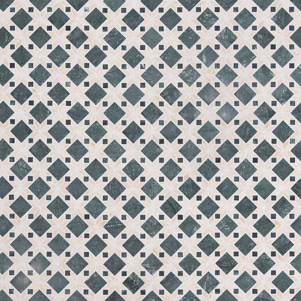 Repeated wall display of green and beige marble mosaic tile pattern