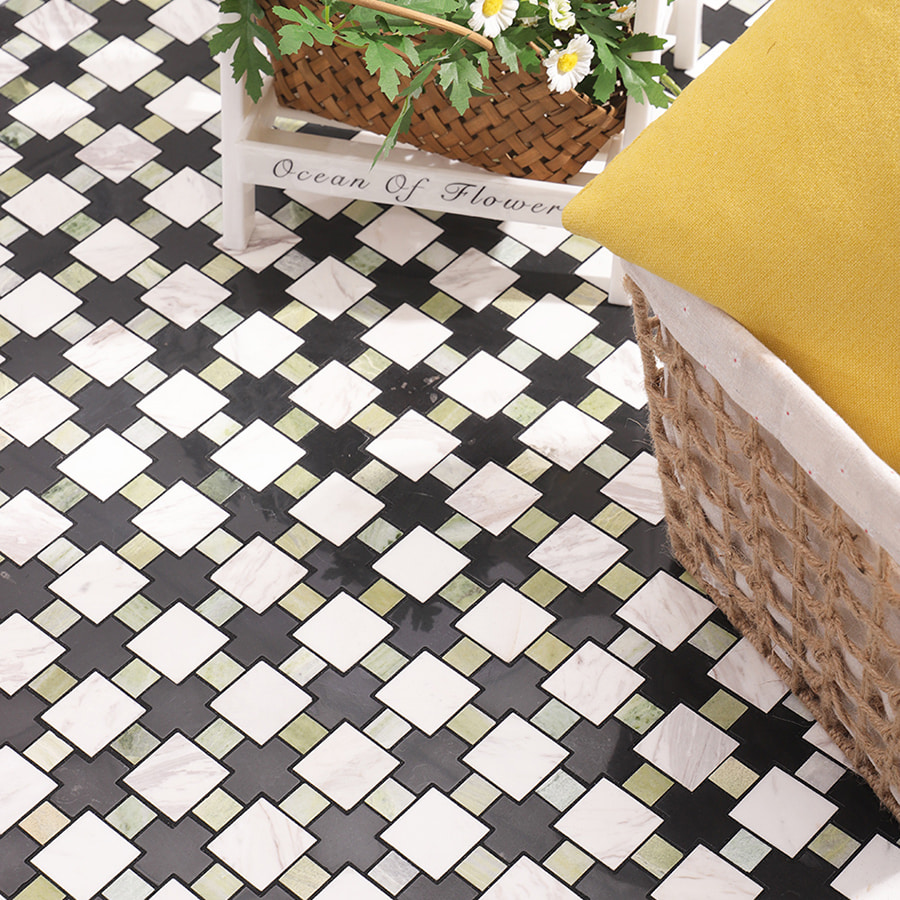 Back view of green black and white marble mosaic tile with mesh backing.