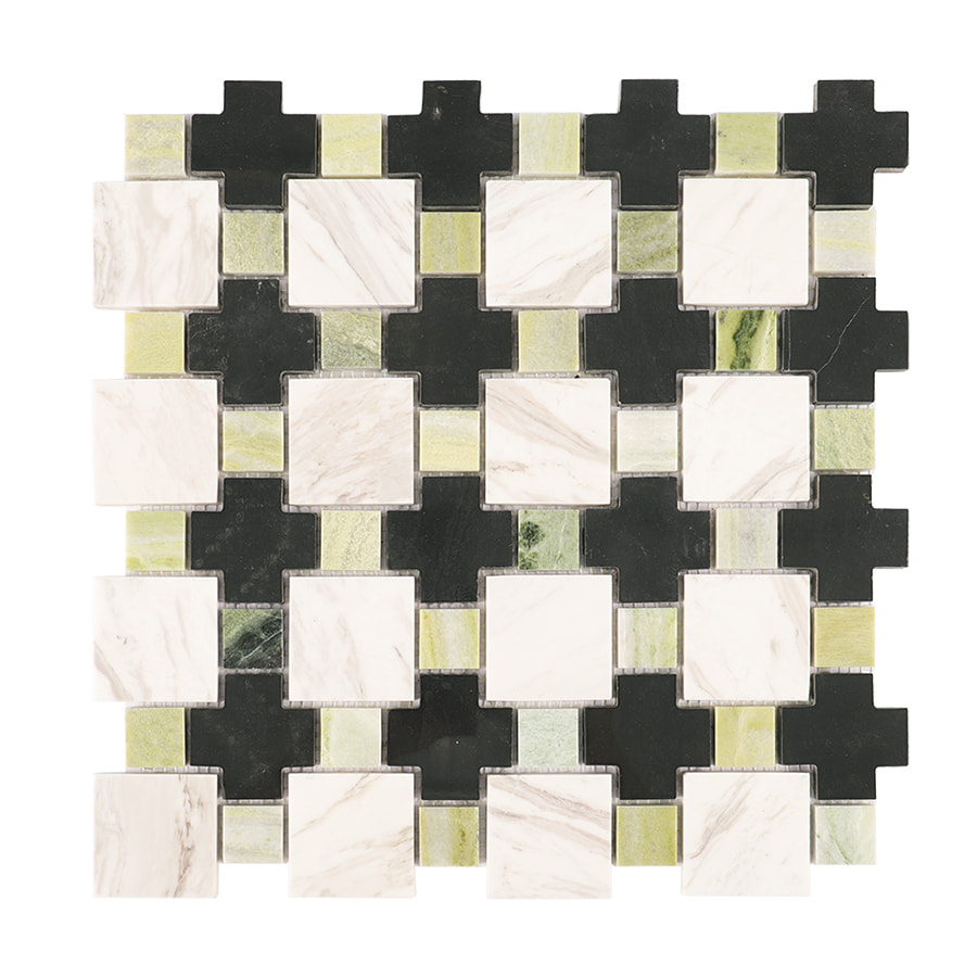 Front view of green black and white geometric marble mosaic tile sheet.