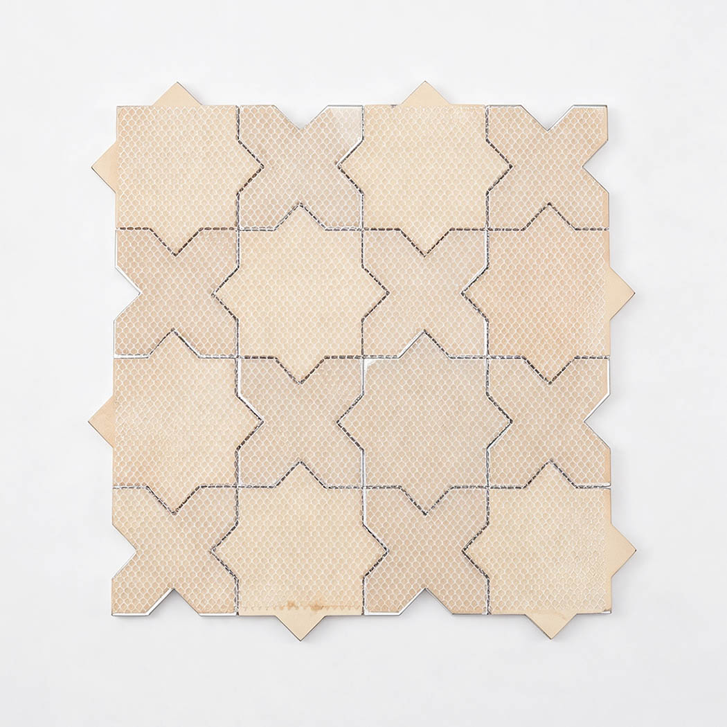 Rear mesh grid support on green copper finish aluminum mosaic sheet