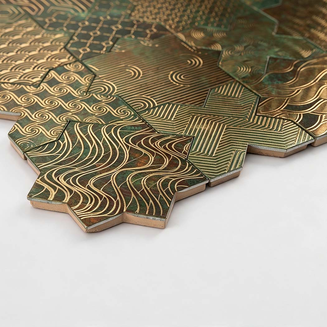 Low angle showing side thickness of green copper finish aluminum mosaic