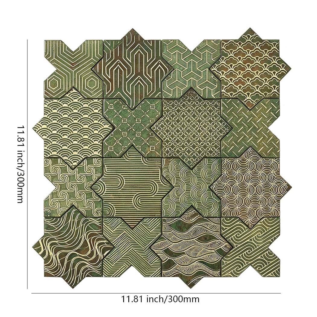 Top view of green copper finish aluminum star cross mosaic sheet