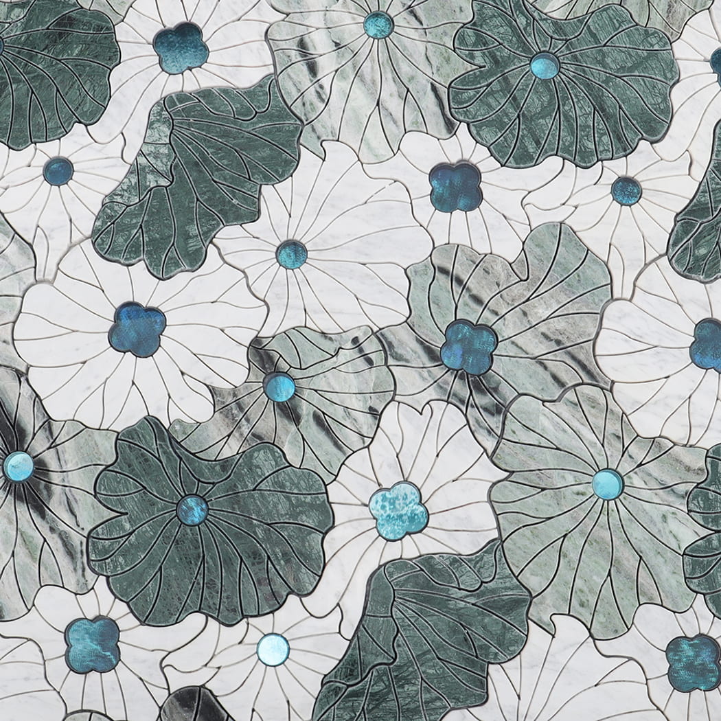 Layout display of multiple green and white marble flower mosaic tile sheets with blue accents.