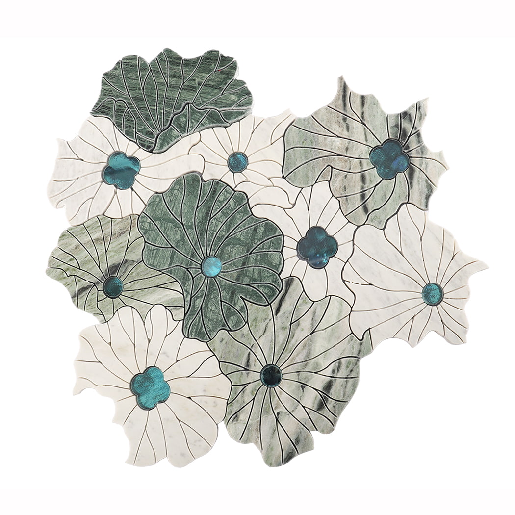 Front view of green and white flower marble mosaic tile with blue glass accents