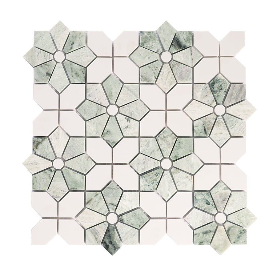 Square sheet of green flower pattern mosaic tiles