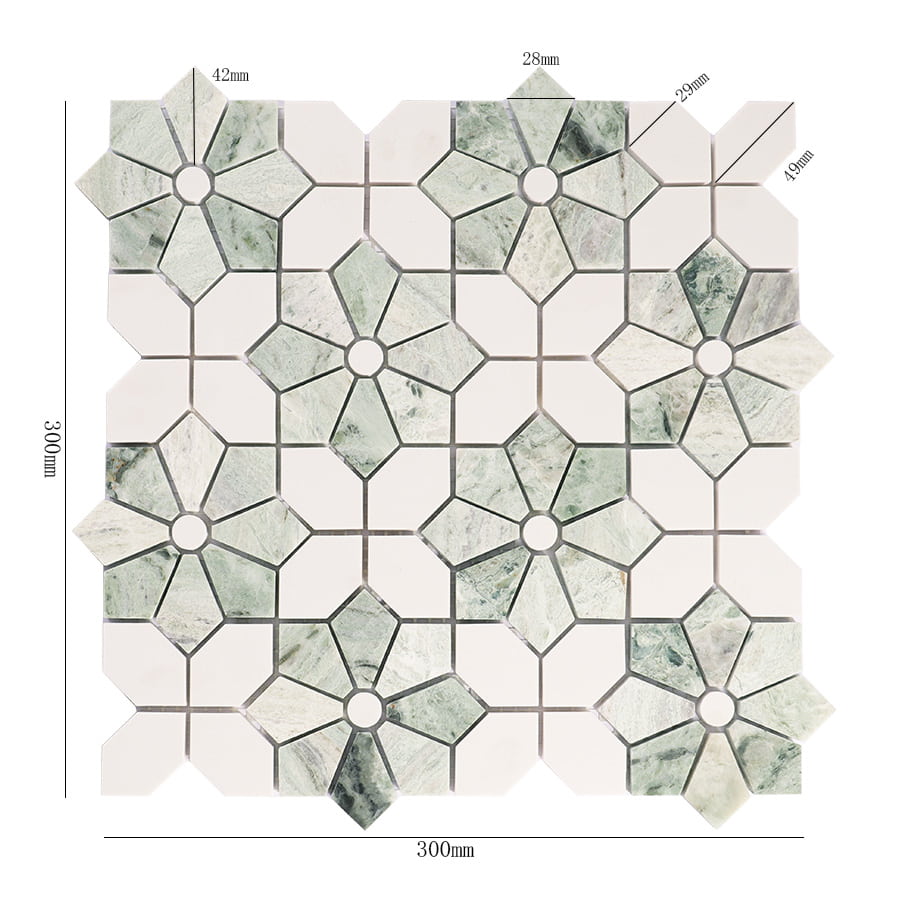 Green flower mosaic tile sheet with measurement dimensions