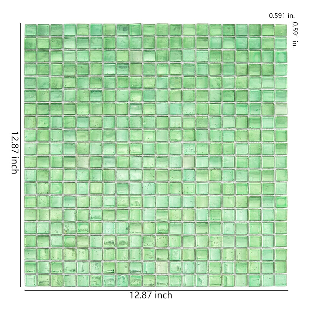 square green glass mosaic tile sheet with size measurements on white background