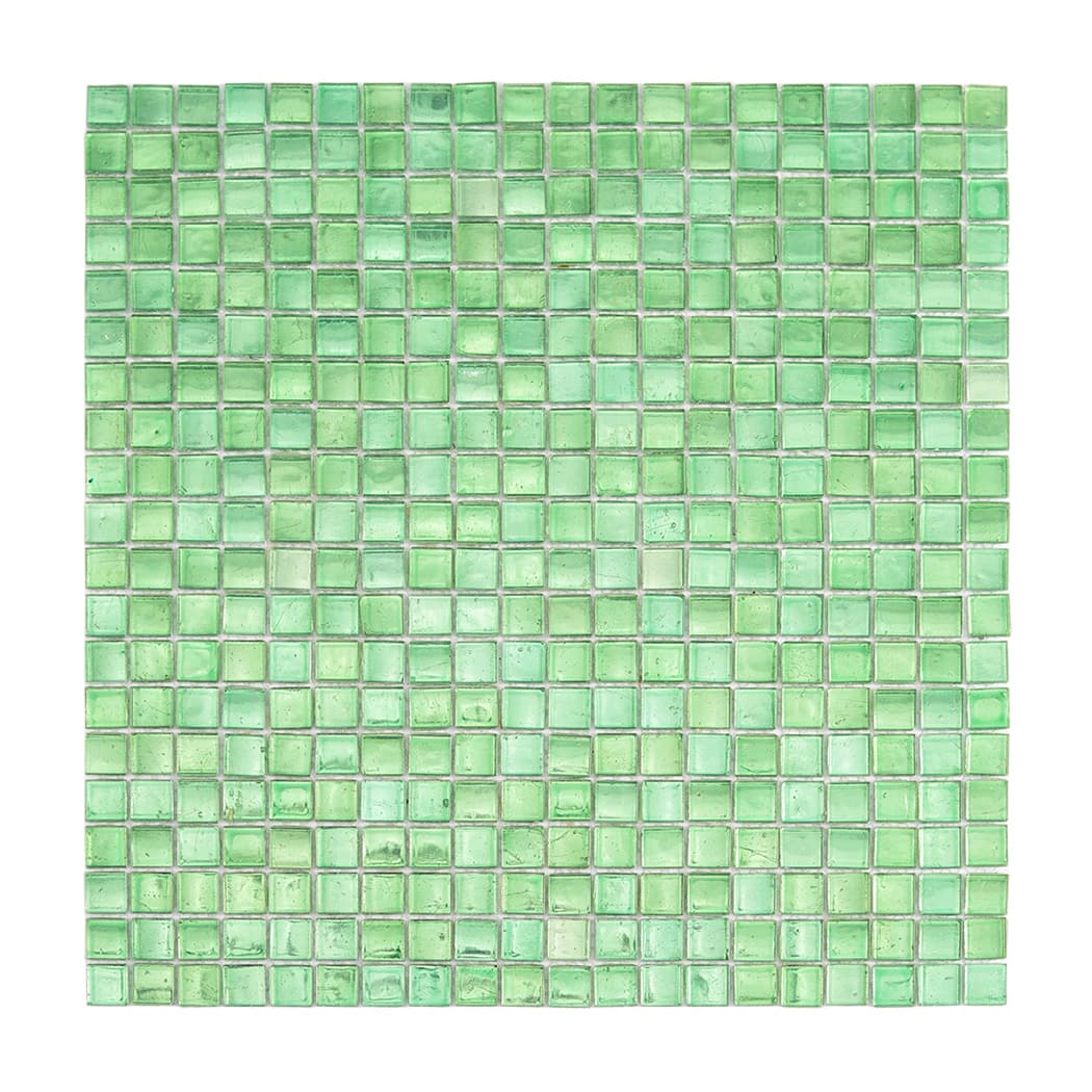 top view of green square glass mosaic tile sheet evenly arranged