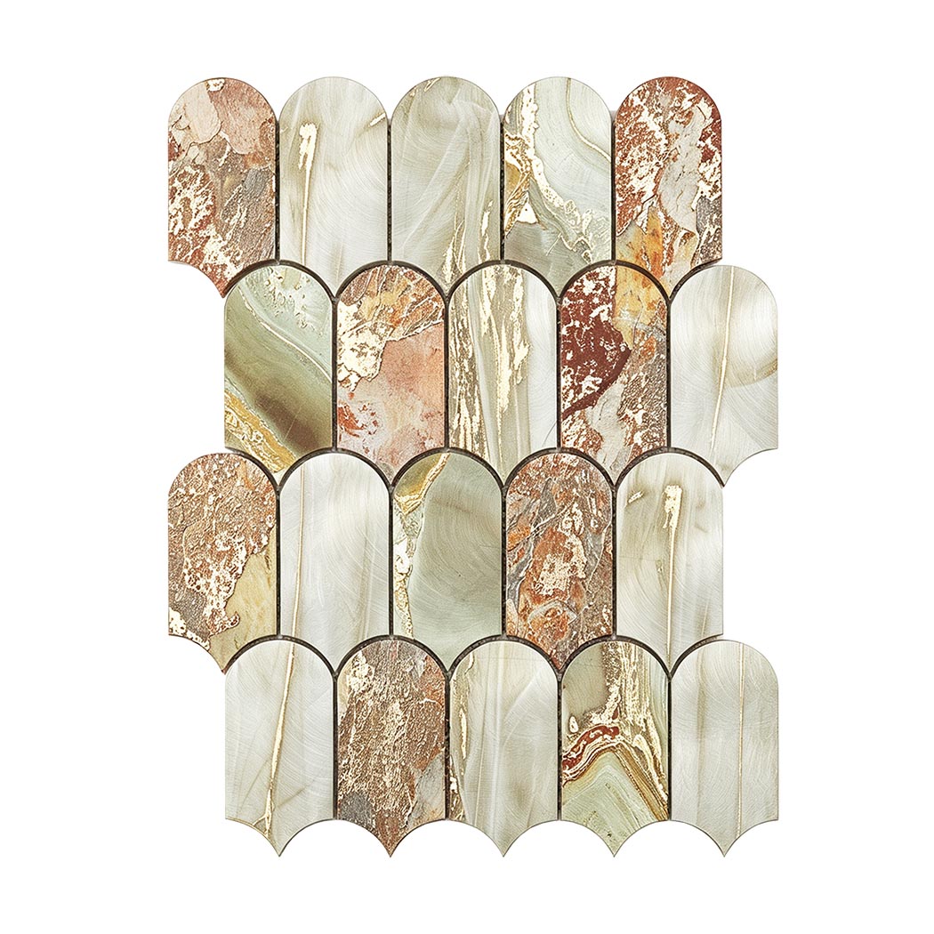 Front view of green gold arch shape aluminum mosaic sheet