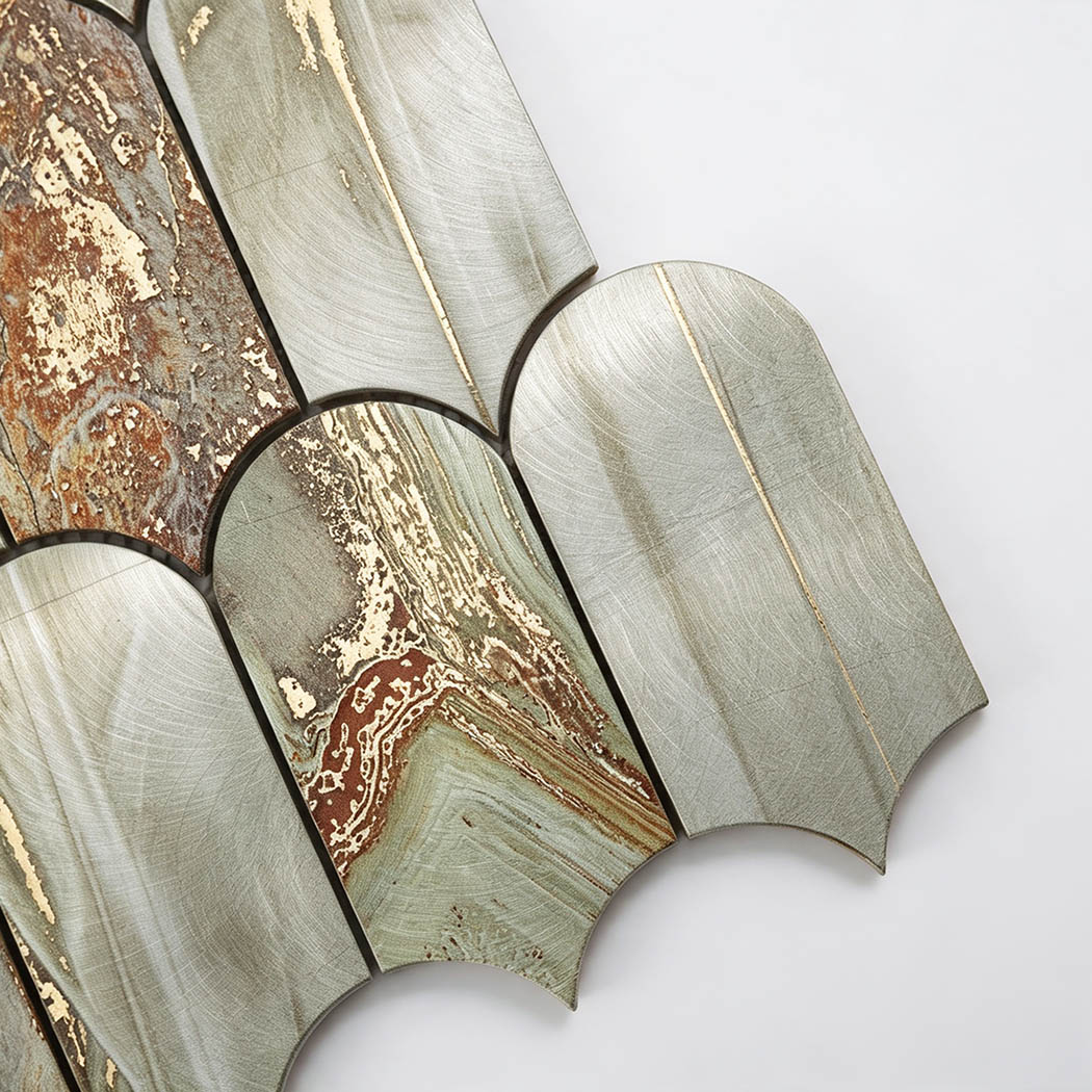 Top corner closeup of green and gold arch aluminum mosaic tile