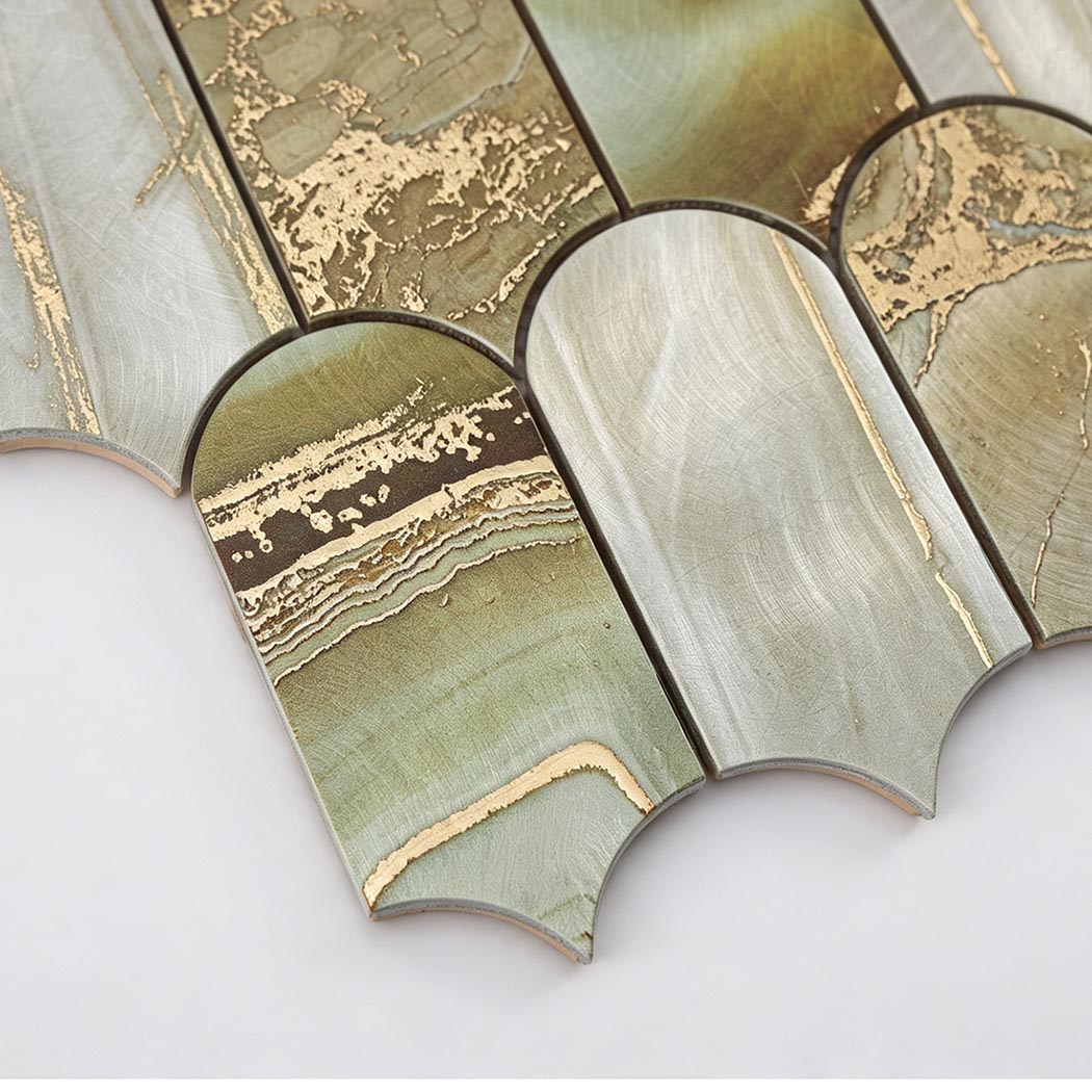 Close look at bottom scalloped edge of green gold aluminum tile