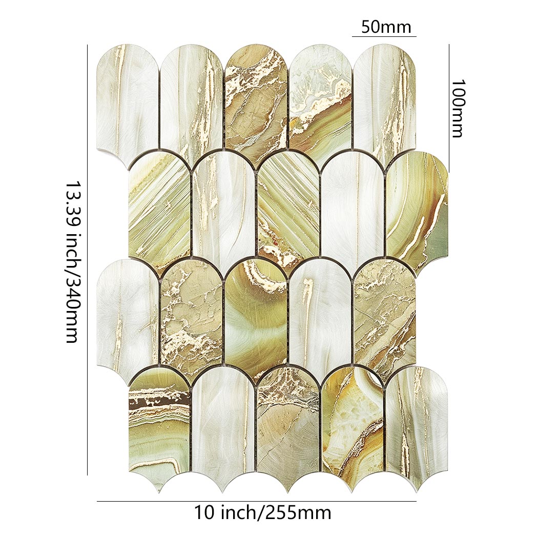 Size specs for green gold fan shape aluminum mosaic wall sheet