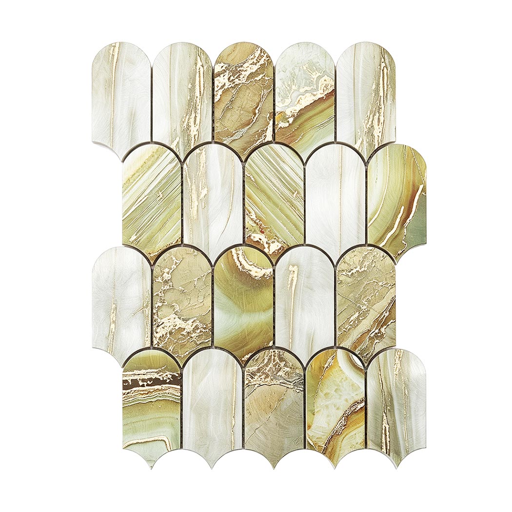 Full sheet display of green gold curved dome aluminum wall tile