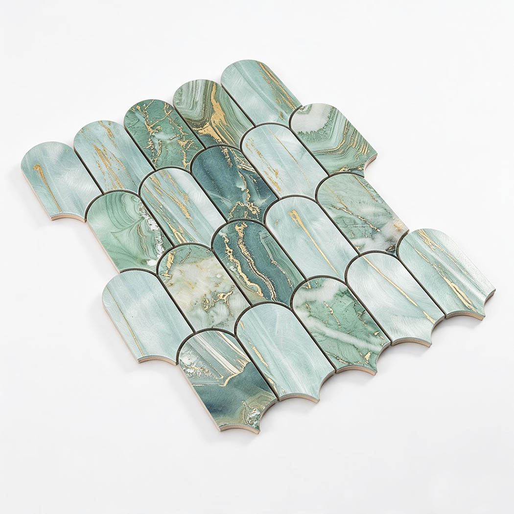 Angled perspective view of green gold fish scale tile sheet