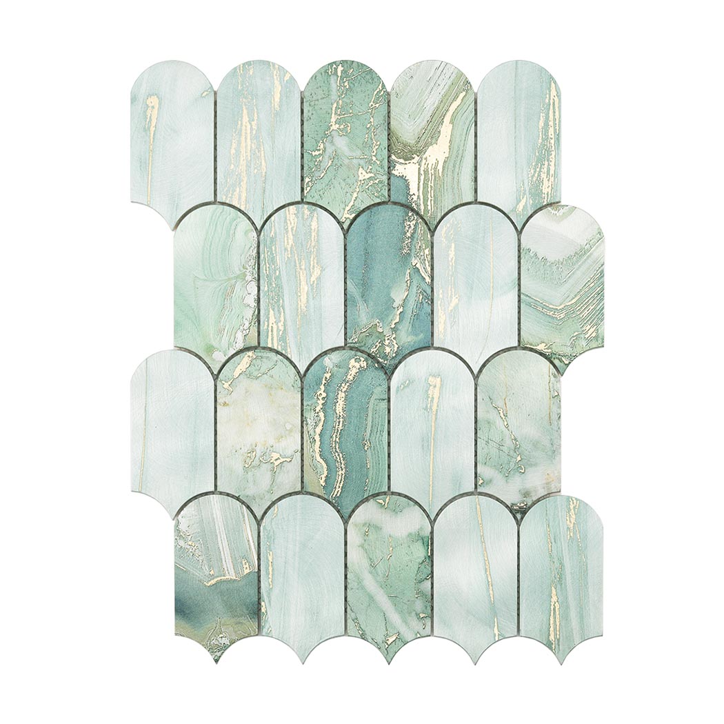 Front view of green gold fish scale aluminum wall tile sheet