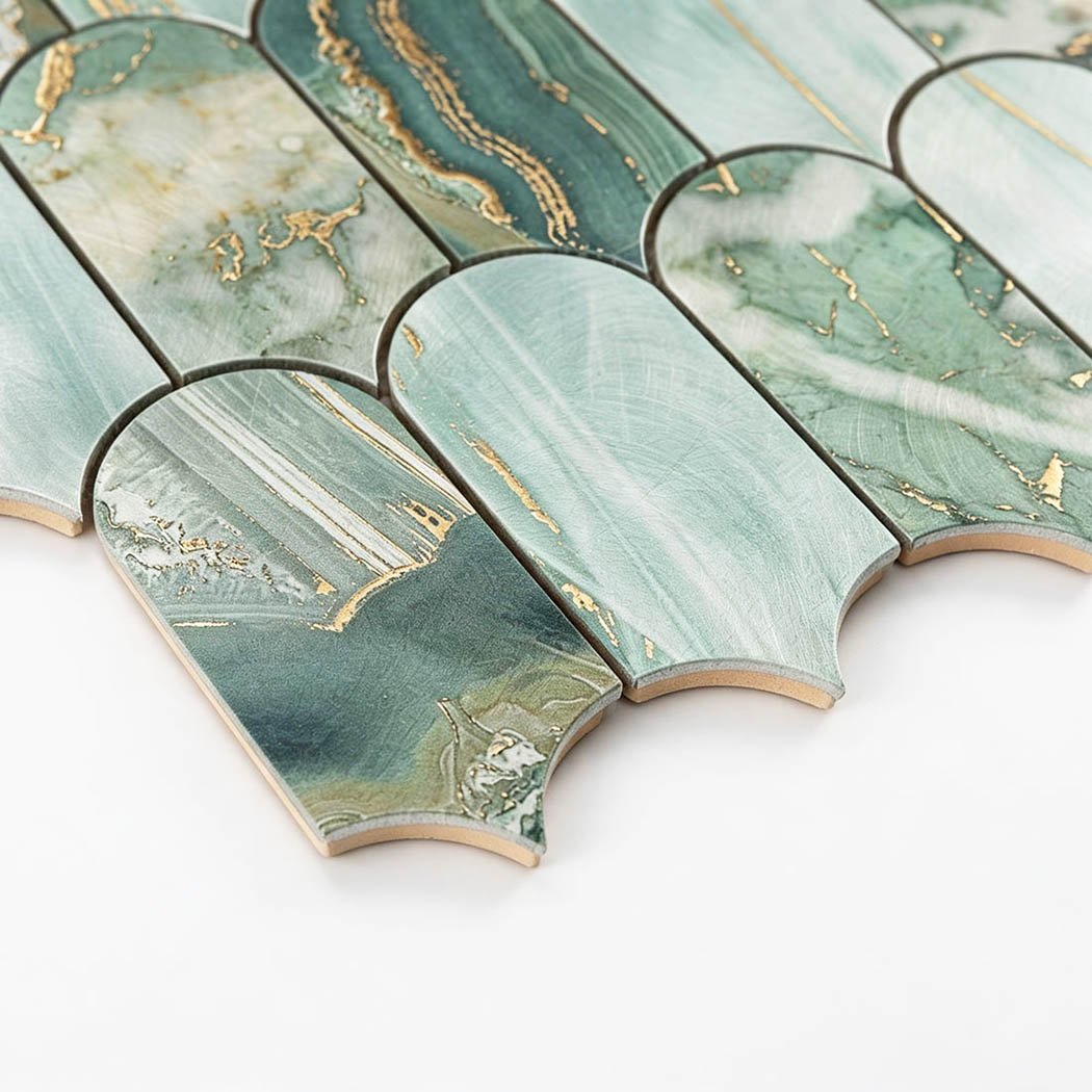 Side view of bottom curved edge on green fish scale tile