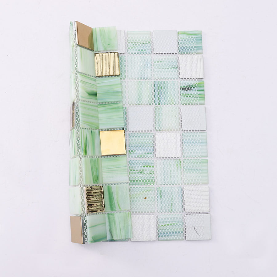 Back side view of green mosaic tile sheet showing mesh backing