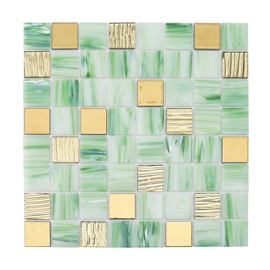 Full view of green mosaic tile sheet with glossy and gold textured finish