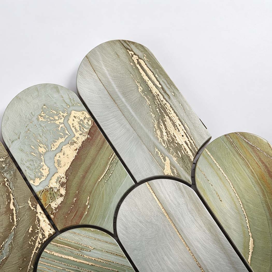 Macro shot of rounded top peak on green gold aluminum tile