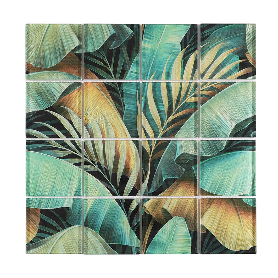 Green Gold Tropical Leaf Glass Wall Mosaic for Modern Washroom Tiles
