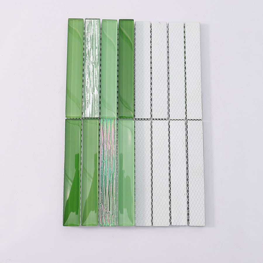 Back view of green iridescent crystal glass mosaic wall tile with mesh backing