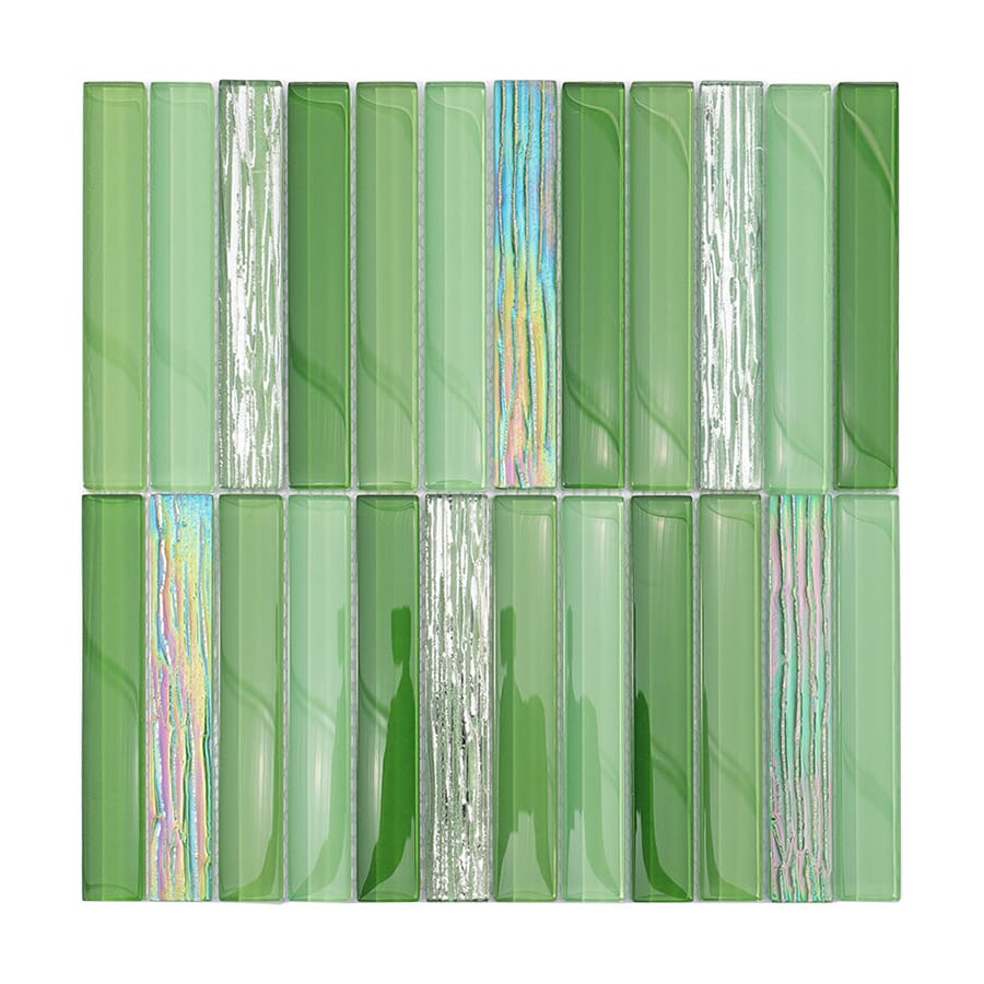 Full sheet of green iridescent stacked crystal glass mosaic wall tile