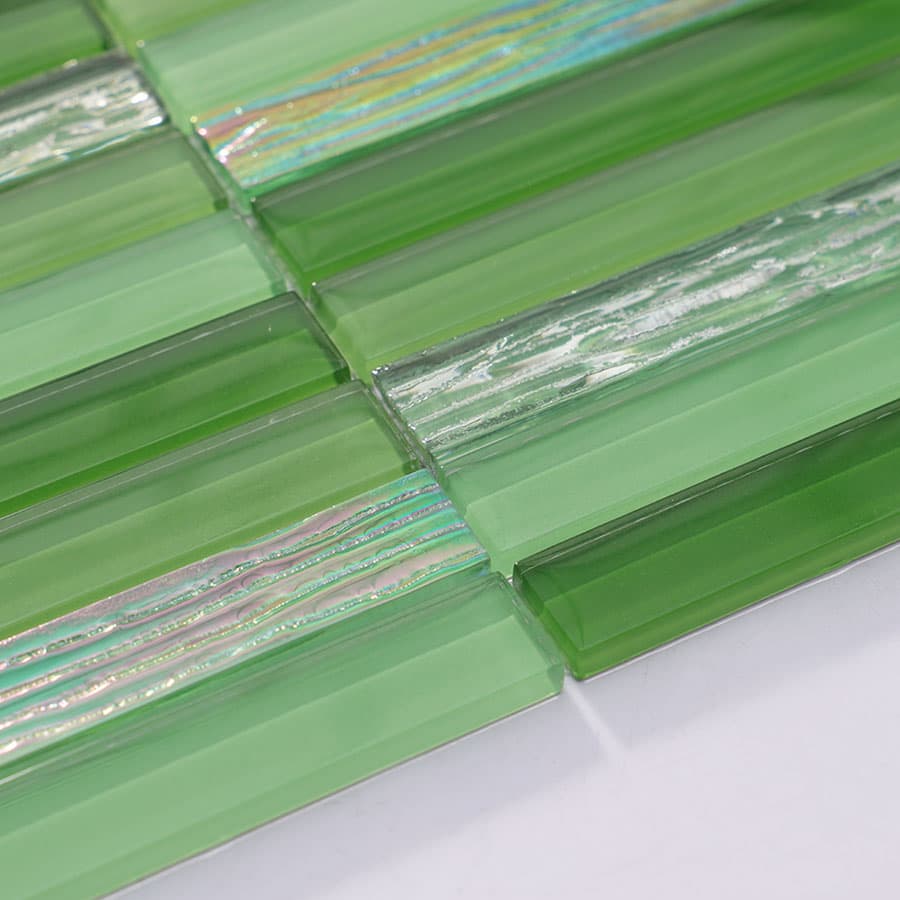 Side angle view of green iridescent stacked crystal glass mosaic sheet
