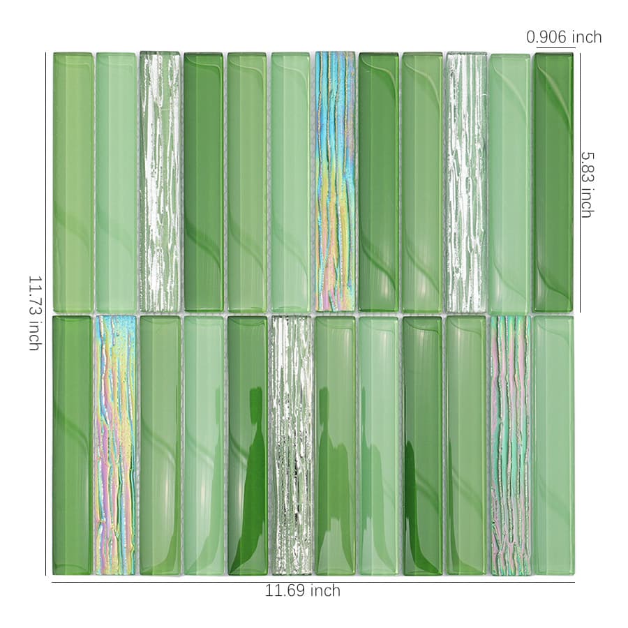 Green iridescent stacked crystal glass mosaic wall tile with measurement dimensions