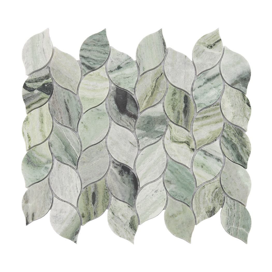 Full sheet view of green leaf marble mosaic tile with soft natural stone tones