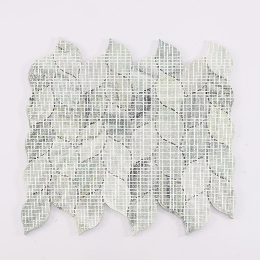 Back view of green leaf marble mosaic tile with mesh backing