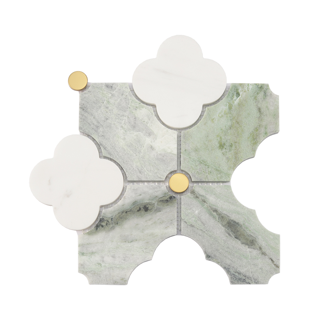 Full sheet view of green marble arabesque mosaic tile with gold accents