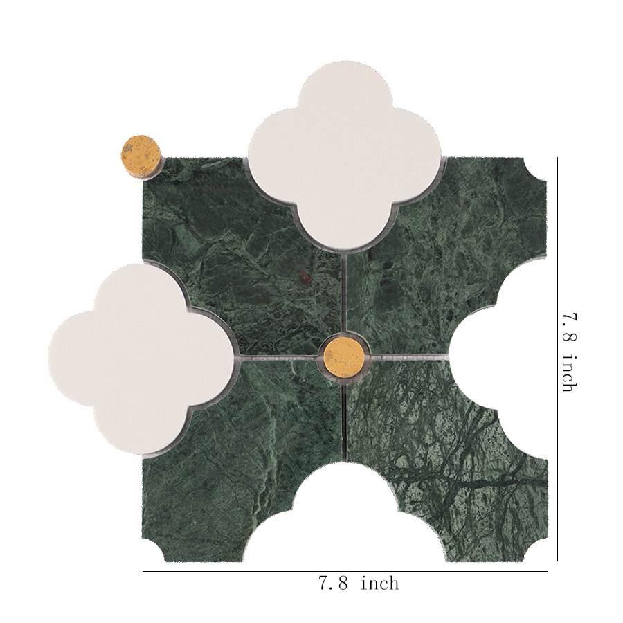 Decorative green marble tile with clover pattern and size measurement shown.