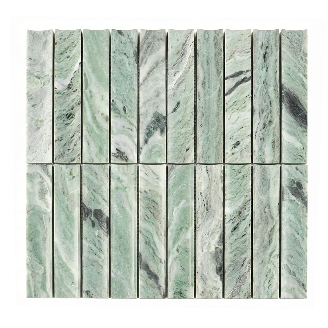 Full sheet of green marble curved fluted mosaic tile with natural dark veining